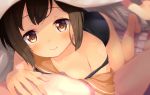  1girl barefoot blurry blush breasts brown_eyes brown_hair cleavage i-401_(kantai_collection) kantai_collection komone_ushio looking_at_viewer off_shoulder pov school_uniform short_hair smile swimsuit swimsuit_under_clothes under_blanket 