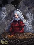  1girl big_hair branch butterfly cglange dress frills gears gloves grey_eyes highres legend_of_the_cryptids lips long_hair looking_at_viewer puffy_short_sleeves puffy_sleeves red_dress short_sleeves silver_hair sitting solo statue tagme tiara wavy_hair 