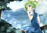  1girl daiyousei fairy_wings forest green_eyes green_hair hair_ribbon hand_on_own_chin highres in_tree lake light_particles looking_at_viewer looking_back mountain nature open_mouth outdoors puffy_short_sleeves puffy_sleeves ribbon short_hair short_sleeves side_ponytail sinkai sitting skirt skirt_set solo touhou tree wings 