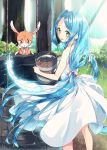  1girl blue_hair bucket feathers green_eyes highres long_hair low_twintails original sakuragi_ren solo twintails water well 