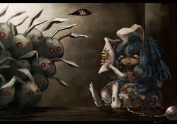  1girl animal_ears blood blue_hair buck_teeth chain chained crying dress ear_clip koto_inari long_hair moon_rabbit rabbit rabbit_ears red_eyes seiran_(touhou) stapled steel_ball tears touhou 