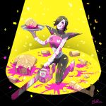  1boy :q android black_background black_hair chainsaw confetti grey_skin hair_over_one_eye hato_moa heart heart-shaped_pupils holding_tray kneeling mannequin mettaton mettaton-ex pink_blood signature solo sparkle spotlight symbol-shaped_pupils tongue tongue_out undertale violet_eyes 