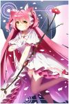  &gt;:) 1girl animal_ears bow bow_(weapon) cat_ears dress faaaaaa feathered_wings gloves goddess_madoka hair_bow hair_ribbon kaname_madoka looking_at_viewer mahou_shoujo_madoka_magica pink_hair pink_legwear ribbon short_twintails smile solo soul_gem spoilers twintails two_side_up weapon white_dress white_gloves white_legwear wings yellow_eyes 