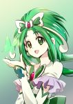  1girl :d akimoto_komachi arm_warmers brooch butterfly butterfly_hair_ornament cure_mint frills green_background green_eyes green_hair hair_ornament highres jewelry long_hair looking_at_viewer magical_girl open_mouth precure puca-rasu smile solo upper_body yes!_precure_5 