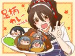  5girls :d ahoge alternate_hairstyle asashimo_(kantai_collection) ashigara_(kantai_collection) black_hair blush brown_eyes brown_hair chibi closed_eyes curry fangs food glasses grey_hair hair_ornament hair_over_one_eye hair_ribbon hairband kantai_collection kasumi_(kantai_collection) kiyoshimo_(kantai_collection) long_hair long_sleeves looking_at_viewer low_twintails multiple_girls ooyodo_(kantai_collection) open_mouth plate ponytail radio_antenna remodel_(kantai_collection) ribbon rice side_ponytail silver_hair sleeves_folded_up smile teeth translation_request twintails v very_long_hair wavy_hair yumaru_(marumarumaru) 