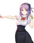  1girl absurdres blue_eyes blush breasts cowboy_shot dagashi_kashi flower ganida_boushoku hair_flower hair_ornament hairband high-waist_skirt highres outstretched_arm purple_hair ringed_eyes rose shidare_hotaru short_hair short_sleeves simple_background smile solo standing teeth white_background 