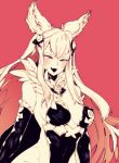  1girl 3m_0l :d animal_ears blush breasts cleavage detached_sleeves fang granblue_fantasy long_hair metella_(granblue_fantasy) monochrome open_mouth red_background simple_background smile solo white_background 