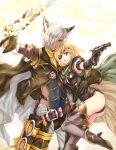  1boy 1girl animal_ears arm_around_waist armband armor armpits ass bangs belt belt_pouch black_gloves blonde_hair blue_eyes boots cape dark_skin djeeta_(granblue_fantasy) electricity frills gloves granblue_fantasy gun hair_over_one_eye handgun high_heel_boots high_heels holding_gun holding_weapon jacket jewelry leotard long_sleeves looking_at_viewer monocle outstretched_arm pants pauldrons red_eyes rifle ring short_hair sleeveless swept_bangs thigh-highs thigh_strap trigger_discipline turtleneck unsheathed weapon white_background white_hair yuusutesu yuzu_(yaneura0316) 