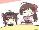  +_+ 2girls ^_^ ahoge anchor_symbol artist_name black_eyes blush_stickers bow bowl breasts brown_hair closed_eyes clothes_writing commentary_request food gloves hachimaki hair_bow hair_flaps hair_ornament hair_ribbon hairband hairclip hatsuzuki_(kantai_collection) headband kantai_collection kappougi long_hair long_sleeves mamiya_(kantai_collection) multiple_girls open_mouth ponytail rexlent ribbon school_uniform short_hair smile sparkle sparkling_eyes star star-shaped_pupils symbol-shaped_pupils table tray 