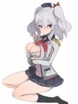 1girl agu black_eyes black_skirt blush breasts cleavage hair_ribbon hat kantai_collection kashima_(kantai_collection) large_breasts long_hair military military_uniform miniskirt open_clothes ribbon silver_hair simple_background sitting skirt solo twintails uniform white_background 