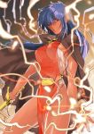  1girl arshes_nei bastard!! blue_eyes blue_hair breasts cape cowboy_shot dark_skin electricity long_hair looking_at_viewer pointy_ears sideboob silversnow solo sword thighs tunic weapon 