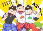  3boys alternate_costume anubisu-no-sinpan arm_around_shoulders brothers brown_hair closed_eyes gold_chain heart heart_in_mouth jumpsuit looking_at_another male_focus matsuno_choromatsu matsuno_karamatsu matsuno_osomatsu multiple_boys osomatsu-kun osomatsu-san short_hair siblings smile sweatdrop tied_sleeves 