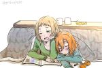  2girls bangs closed_eyes couple cup food fruit gecko4488 green_eyes holding_hands kira_tsubasa kotatsu kousaka_honoka love_live!_school_idol_project mandarin_orange marker mug multiple_girls one_eye_closed open_mouth short_hair table tears twitter_username yawning yuri 