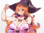  1girl bare_shoulders breasts brown_hair choker cleavage female frown gradient gradient_background hat highres large_breasts long_hair pink_background poko_chin red_eyes solo white_background witch_hat 