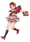  black_legwear book capelet character_request full_body hat holding kippu kneehighs layered_skirt luminous_arc luminous_arc_infinity musical_note_print official_art open_mouth plaid red red_shoes redhead shoes shorts simple_background white_background 