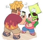  1girl 2boys ;o afro barefoot_sandals blonde_hair brown_hair cellphone curly_hair denim flip-flops fume glasses green_skin grimace jeans looking_up monster multiple_boys one_eye_closed open_mouth outstretched_arms pants pants_rolled_up peridot_(steven_universe) phone ronaldo_fryman sandals shirt shorts simple_background smartphone smile standing steven_quartz_universe steven_universe sweat sweatdrop t-shirt taking_picture teeth visor white_background 