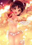  akagi_miria angel_wings ass_visible_through_thighs black_hair blush brown_eyes heart idolmaster idolmaster_cinderella_girls ima_(lm_ew) microskirt open_mouth revealing_clothes short_hair skirt small_breasts smile strapless twintails wings 
