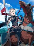  1girl armor blue_eyes blush fire_emblem fire_emblem_cipher fire_emblem_if flag gauntlets gloves grey_hair horse lance official_art open_mouth polearm sky solo sophie_(fire_emblem_if) weapon 