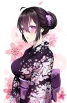  ahoge alternate_hairstyle antenna_hair beifeng_han black_hair breasts cherry_blossoms floral_print from_side hair_between_eyes hair_up japanese_clothes large_breasts looking_at_viewer miyaura_sanshio obi open_mouth original purple_clothes sash v_arms violet_eyes 