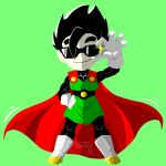  adjusting_sunglasses alternate_costume artist_name black_hair black_legwear cape chibi dragon_ball dragon_ball_z gloves great_saiyaman green_background simple_background smile son_gohan spiky_hair sunglasses white_gloves 