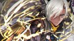 1boy animal_ears armor blue_eyes blurry cape closed_mouth depth_of_field electricity eustace_(granblue_fantasy) gloves glowing granblue_fantasy hair_over_one_eye holding_weapon light_smile looking_at_viewer male_focus nagi_fe3 solo upper_body weapon white_hair 