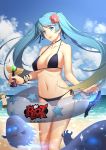  1boy 1girl absurdres aqua_hair bare_shoulders bikini blonde_hair blue_eyes breasts cleavage daye_bie_qia_lian ezreal goggles goggles_on_head gradient_hair highres large_breasts league_of_legends long_hair multicolored_hair sona_buvelle swimsuit twintails 