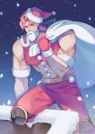  1boy abs armband bag brown_hair chimney crop_top fake_beard fake_mustache fuchima fur-trimmed_gloves gloves hat holding_bag jojo_no_kimyou_na_bouken knee_pads long_hair male_focus muscle night outdoors pants pectorals pink_hair pom_pom_(clothes) pun red_eyes red_gloves red_pants red_shirt sack santa_costume santa_hat santana_(jojo) shirt sleeveless sleeveless_shirt snow snowing solo twitter_username 