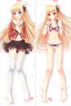  1girl black_ribbon blonde_hair blue_eyes bra breasts brown_skirt charlotte_(anime) cleavage dakimakura flower hair_ribbon highres long_hair looking_at_viewer lying navel nishimori_misa nishimori_yusa on_back open_clothes open_mouth open_shirt panties pleated_skirt red_eyes ribbon school_uniform shirt skirt thigh-highs underwear white_legwear 