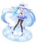  1girl absurdly_long_hair blue_eyes blue_hair cape full_body hair_ribbon hat hatsune_miku highres long_hair magic_circle magical_girl open_mouth pantyhose ribbon simple_background skirt snowflakes solo twintails very_long_hair vocaloid wand white_background witch_hat yuki_miku 