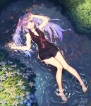  1girl barefoot black_shirt breasts cleavage dress_shirt flower hoshi_o_mite isla_(plastic_memories) long_hair looking_at_viewer lying on_back outdoors plastic_memories purple_hair red_eyes shirt solo 