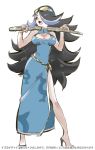  1girl black_hair blue_hair breasts china_dress chinese_clothes chorimokki cleavage dark_skin goggles goggles_on_head hair_over_one_eye izumi_(pokemon) izumi_(pokemon)_(remake) katana long_hair multicolored_hair pokemon pokemon_(game) pokemon_oras sheath sheathed solo sword team_aqua two-tone_hair very_long_hair weapon 