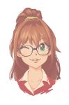  1girl aqua_eyes bespectacled brown_hair face glasses high_ponytail highres hino_akane_(idolmaster) idolmaster idolmaster_cinderella_girls looking_at_viewer makinokita one_eye_closed portrait scrunchie simple_background smile solo white_background 