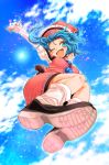  1girl ;d arm_up blue_eyes blue_hair blue_sky clouds foreshortening harusame_(unmei_no_ikasumi) hat highres juliet_sleeves long_sleeves merlin_prismriver motion_blur one_eye_closed open_mouth puffy_sleeves shirt skirt skirt_set sky smile solo touhou vest 