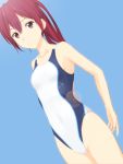  1girl competition_swimsuit free! highres long_hair matsuoka_gou one-piece_swimsuit ponytail red_eyes redhead standing swimsuit takafumi 
