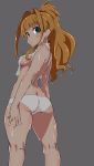  aqua_eyes ass breasts brown_hair cowboy_shot from_behind grey_background high_ponytail hino_akane_(idolmaster) idolmaster idolmaster_cinderella_girls long_hair looking_at_viewer looking_back open_mouth panties sideboob simple_background sweat tanuki_ss thighs topless towel towel_around_neck underwear underwear_only 