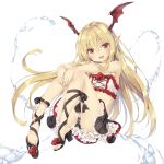  1girl bat_wings black_panties blonde_hair blush fang flower frills granblue_fantasy head_wings leg_ribbon long_hair looking_at_viewer open_mouth panties peko pointy_ears polka_dot polka_dot_panties red_eyes ribbon rose shoe_dangle simple_background skirt smile solo underwear vampire vampy white_background wings 