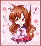  ! /\/\/\ 1girl animal_ears blush bone brooch brown_hair chibi collarbone dress imaizumi_kagerou jewelry kuroshiroduet long_sleeves red_eyes solo speech_bubble tail touhou translation_request wavy_mouth wide_sleeves wolf_ears wolf_tail 