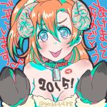  1girl 2015 animal_costume bangs blue_eyes blush breasts cleavage collar gecko4488 horns kousaka_honoka lipstick_mark looking_at_viewer love_live!_school_idol_project new_year orange_hair sheep_costume sheep_horns short_hair side_ponytail simple_background smile solo tongue translated twitter_username year_of_the_ram 