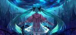  1girl baisi_shaonian bird bloodborne blue_hair bridal_gauntlets capelet castle hair_ribbon hatsune_miku long_hair outstretched_arms ribbon shirt skirt solo twintails very_long_hair vocaloid 