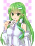  1girl bare_shoulders detached_sleeves frog_hair_ornament green_eyes green_hair hair_ornament hair_tubes highres kochiya_sanae long_hair long_sleeves looking_at_viewer navel shiron_(e1na1e2lu2ne3ru3) shirt smirk snake_hair_ornament solo spell_card touhou upper_body very_long_hair 