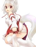  1girl animal_ears ass bare_shoulders detached_sleeves highres inubashiri_momiji kneeling long_sleeves looking_at_viewer looking_back open_mouth panties pantyshot pantyshot_(kneeling) red_eyes shiron_(e1na1e2lu2ne3ru3) shirt silver_hair skirt solo tail touhou underwear upskirt white_panties wide_sleeves wolf_ears wolf_tail 
