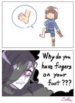  1boy 2koma =_= androgynous android black_hair boot_removed boots brown_hair closed_eyes comic commentary constricted_pupils denim denim_shorts english frisk_(undertale) grey_skin hair_over_one_eye hato_moa knee_boots mettaton mettaton-ex shaded_face shirt shorts signature striped striped_shirt sweat tagme toes undertale violet_eyes wavy_mouth 