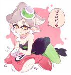  &gt;_&lt; +_+ 1girl blush brown_eyes catchphrase chin_rest closed_eyes detached_collar dress earrings flying_sweatdrops food food_on_head gloves green_legwear grey_hair hand_on_own_face hotaru_(splatoon) jewelry looking_at_viewer lying mask masochism mole mole_under_eye object_on_head on_stomach pantyhose pointy_ears shoes short_dress short_hair smile splatoon squid tentacle_hair toku_(ke7416613) translated white_gloves 