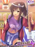  1girl :d angel_beats! breasts brown_eyes brown_hair clothes_around_waist electric_guitar guitar hair_ornament hisako_(angel_beats!) instrument jacket large_breasts leaning_forward leg_up midriff navel off_shoulder open_mouth pleated_skirt ponytail sakura_neko shirt shirt_around_waist skirt smile solo thigh_strap tied_shirt watermark 