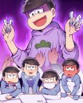  5boys blush brothers brown_eyes brown_hair drooling hood hoodie male_focus matsuno_choromatsu matsuno_ichimatsu matsuno_karamatsu matsuno_osomatsu matsuno_todomatsu mery_(apfl0515) multiple_boys osomatsu-kun osomatsu-san pajamas pillow shaded_face siblings surgical_mask thermometer 