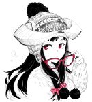  1girl beanie bow glasses hair_bow hat horns jaco knit_hat long_hair looking_to_the_side monochrome original red-framed_glasses red_eyes removing_glasses solo spot_color sweater upper_body winter_clothes 