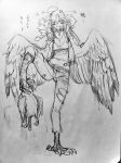  1girl ahoge animal bird breasts cleavage duck feathered_wings foot_hold full_body harpy haru_(monster_musume) kanemaki_thomas long_hair looking_at_viewer monochrome monster_girl monster_musume_no_iru_nichijou monster_musume_no_iru_nichijou_online navel scales sketch smile solo talons traditional_media translation_request wings 