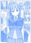 adjusting_clothes adjusting_tie arms_behind_back blazer braid breasts buttoning comic flying_sweatdrops formal himura_kiseki index_finger_raised large_breasts monochrome musical_note necktie open_blazer open_clothes original pleated_skirt school_uniform silent_comic skirt smile spoken_musical_note squiggle suit sweater_vest uneven_eyes |_| 