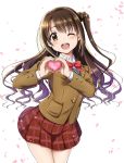  1girl absurdres blazer brown_eyes brown_hair cherry_blossoms heart heart_hands highres idolmaster idolmaster_cinderella_girls long_hair one_eye_closed one_side_up rariemonn shimamura_uzuki smile solo 