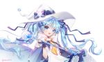  1girl blue_eyes blue_hair cape fingerless_gloves gloves hat hatsune_miku long_hair looking_at_viewer magical_girl open_mouth rumi_(rarumi11) snowflakes solo twintails twitter_username very_long_hair vocaloid wand white_background witch_hat yuki_miku 